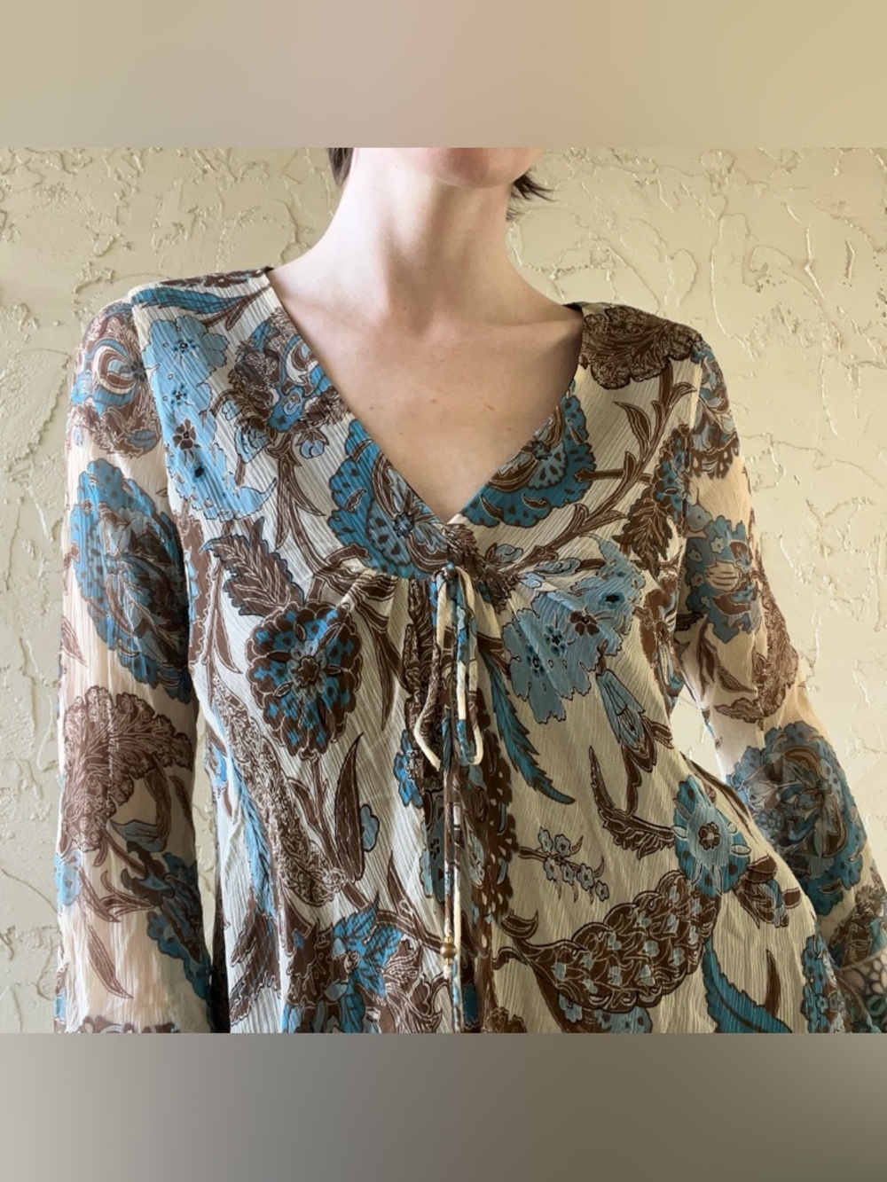 Y2K Nine West Silk Floral Tie-Front Blouse with Blue and Brown Print
